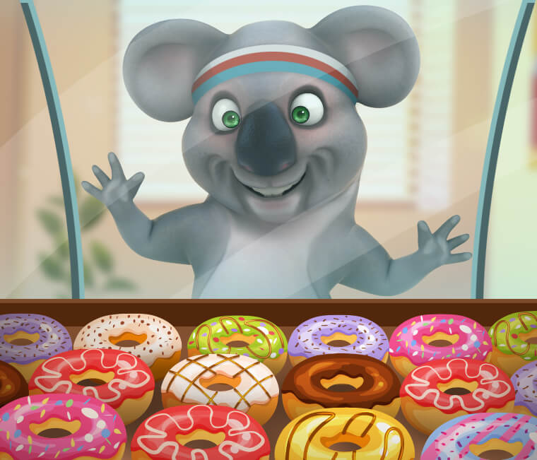 Kev the Koala buying a donut
